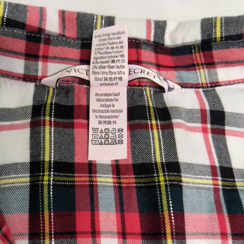 Victoria Secrets 2 piece Pajama plaid red white black yellow front tie on pants - Picture 6 of 12